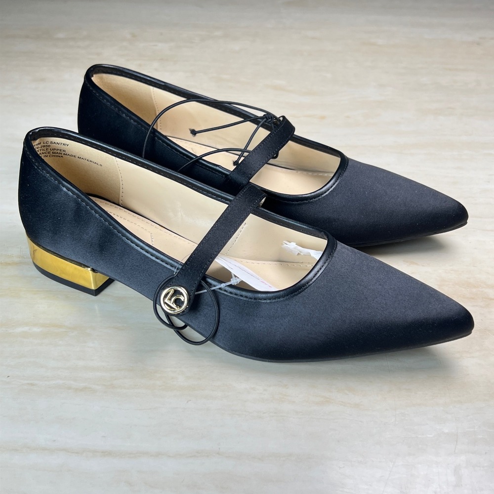 Liz Claiborne Black Satin Pointed Toe Mary Jane Flats with Gold Heel Memory 8.5 - Picture 5 of 12
